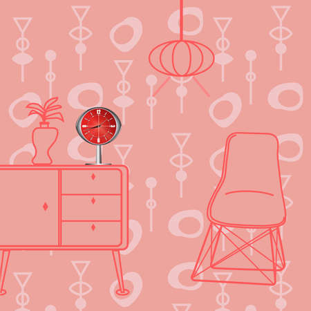 An atomic retro clock with red face color and chrome stand.のイラスト素材