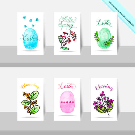 Set of Easter small cards in watercolor style with colorful eggs, hearts and fresh blooming flowers for spring season.のイラスト素材