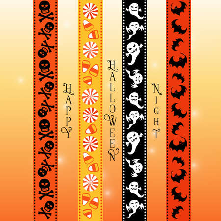 Halloween washi tape scrapbook ribbon items in orange, yellow, black and white colors.のイラスト素材