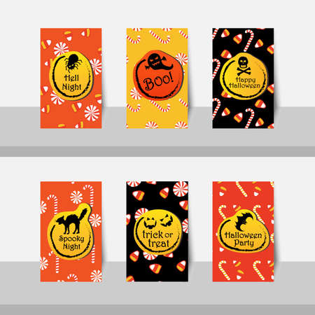 Set of Halloween small cards party, happy Halloween night, trick or treat, in orange, yellow, black and white colors.のイラスト素材