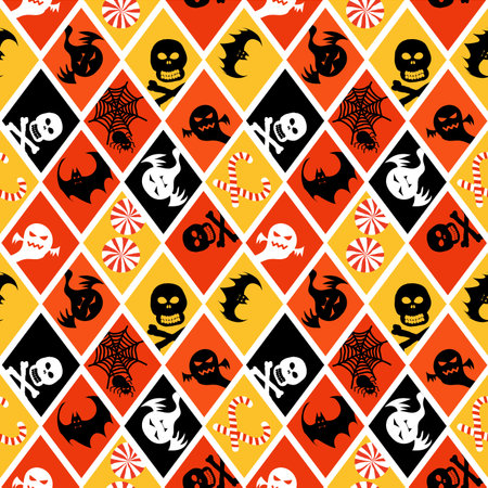 Halloween seamless pattern scrapbook paper, gift wrap paper ,items in orange, yellow, black and white colors.のイラスト素材