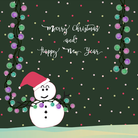 Merry Christmas and Happy New Year card with text, colorful light bulbs in green pink blue-green and purple colors, and snowman in green background for Christmas Holiday, celebrate winter Christmas.のイラスト素材