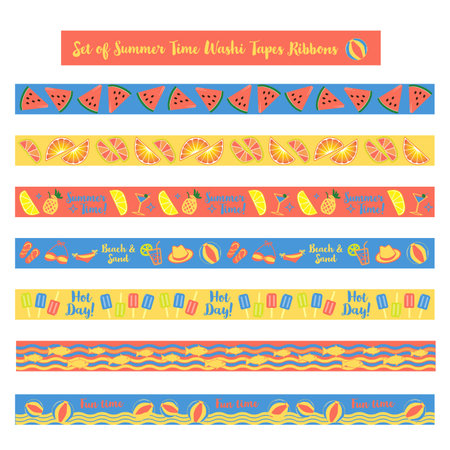 Set of ribbon cute washi tape scrapbook tape summer with watermelon, lime, orange, fresh colorful fun on the beach.のイラスト素材