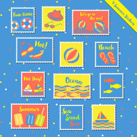 Set of hot summer stamps items cute gift and scrapbook paper craft with hat, bikini, ball, fish, boat, ship, sandal, ice-cream, popsicle, colorful fun on the sea sand beach.のイラスト素材