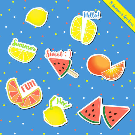 Set of hot summer sticker items cute gift and scrapbook paper craft with watermelon, lime, lemon, orange, popsicle, fresh fruit colorful fun on the sea sand beach.のイラスト素材