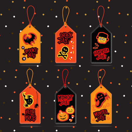 Set of Halloween sale tags vector for Halloween sale shopping, Halloween night, for shop web, sale gift tags, skeleton, pumpkin, bat, cat, spider, monster's eye, lantern in orange, yellow.のイラスト素材