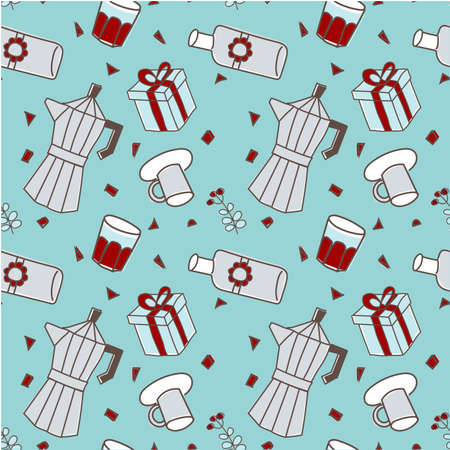 Merry Christmas seamless pattern party, Christmas items drink, coffee, cup, glass, gift, presents, holly jolly celebration, decorated wallpaper scrapbook wrapping paper warm season greeting in blue.のイラスト素材