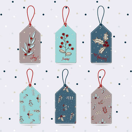 Set of Merry Christmas Gift Tags with leave, seamless pattern leave, Christmas branch tree holly jolly celebration, decorated wallpaper scrapbook wrapping paper for season greeting in brown, red, blue.のイラスト素材