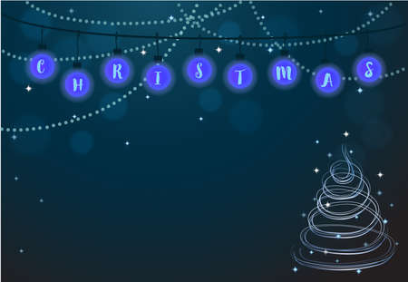 Merry Christmas light balls, string lights background text letters vector for Christmas card party, Christmas night, Christmas tree, invitation card, wallpaper, stars in dark blue gradient background.のイラスト素材