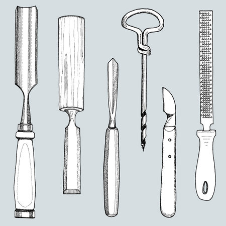 Hand drawn set of tools for carpenter. Vector illustration.のイラスト素材