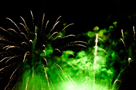 Fulminate, colorful, luminous, real fireworks at night