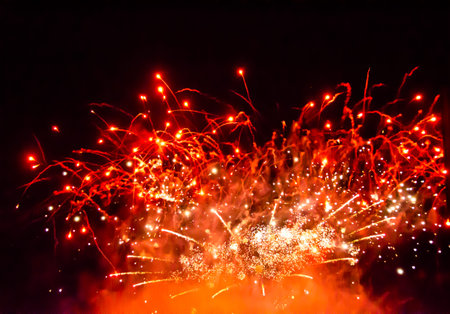 Fulminate, colorful, luminous, real fireworks at night