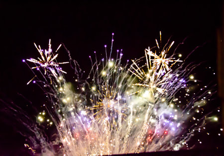 Fulminate, colorful, luminous, real fireworks at night