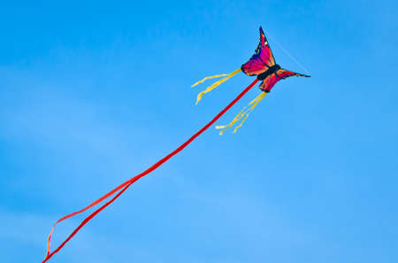 A beautiful, colorful stunt kite, in the blue sky, high in the wind in the form of a butterflyの写真素材