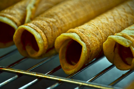 many rolls of fresh baked wafers for Christmasの写真素材