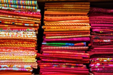 Rolls of colorful fabrics for sale, red and orangeの写真素材