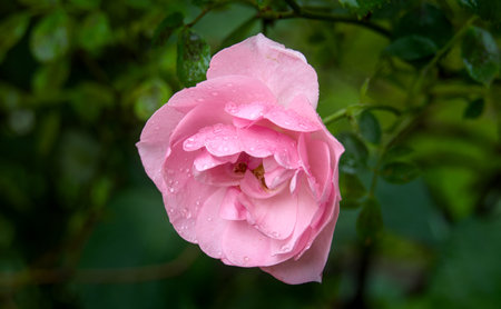 pink rose with drops of water on the petals in the gardenの写真素材