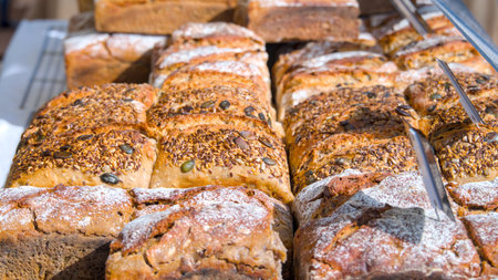 Bread with seeds on the counter of a bazaar