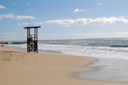 Deserted lifeguard stand at a beach in Palma de Mallorca, Spainの写真素材