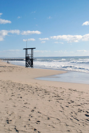Deserted lifeguard stand at a beach in Palma de Mallorca, Spainの写真素材
