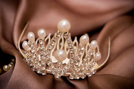 Platinum tiara on a silk backgroundの写真素材