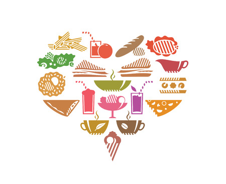 Foods and drinks in heart shapeのイラスト素材
