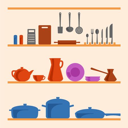 A few shelfs with different types of kitchenwareの写真素材