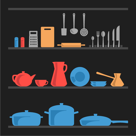 A few shelves with different types of kitchenwareのイラスト素材