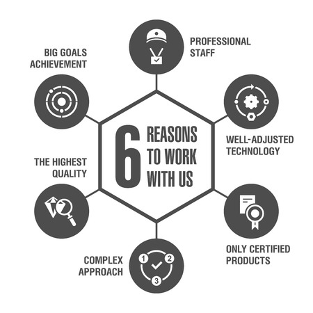 6 reasons to work with us. Infographics. Black.のイラスト素材