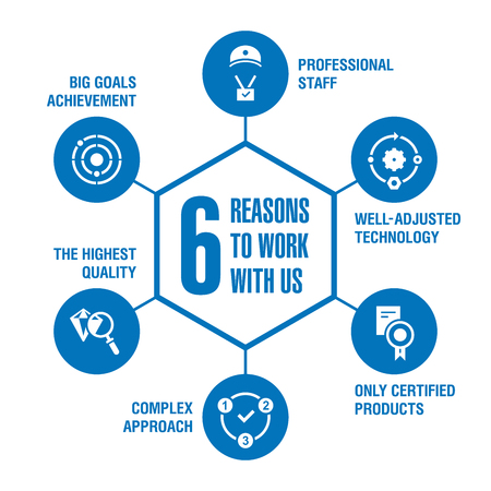 6 reasons to work with us. Infographics. Blue.のイラスト素材