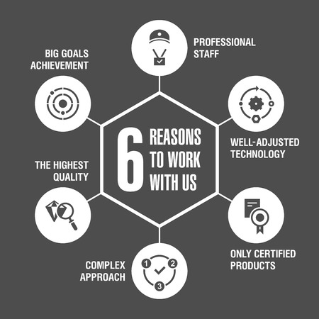 6 reasons to work with us. Infographics. White on black.のイラスト素材
