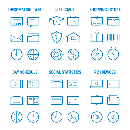 Icons set of 6 life areas: information, goals, shopping, schedule, statistics, devices. Linear, blue.のイラスト素材