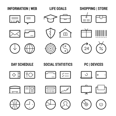 Icons set of 6 life areas: information, goals, shopping, schedule, statistics, devices. Linear, black.のイラスト素材