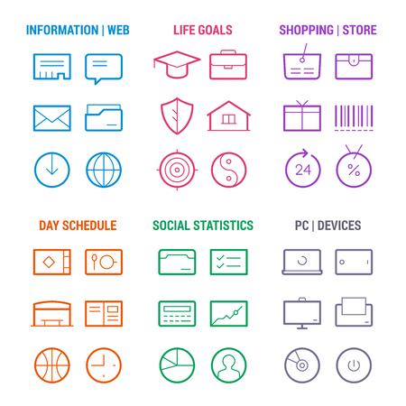 Icons set of 6 life areas: information, goals, shopping, schedule, statistics, devices. Colored on white.のイラスト素材