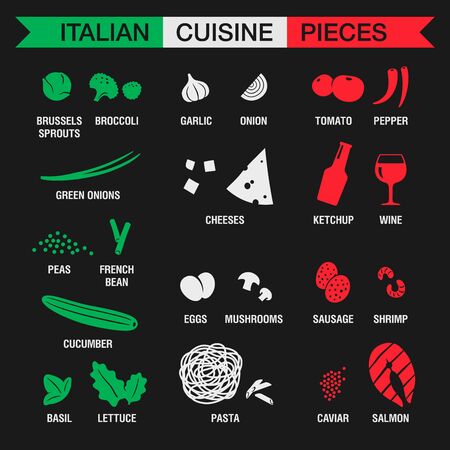 Illustration of Italian cuisine pieces. Foods and ingredients separated by the national flag colors. Black background.のイラスト素材