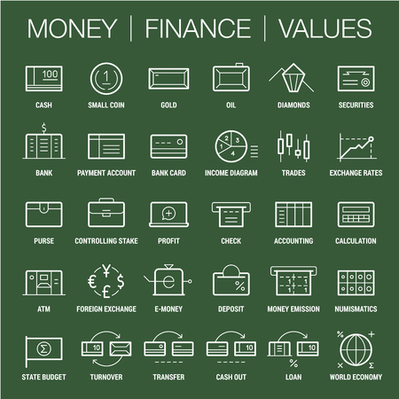 Icons set of money, finance and values area. Thick and thin lines. White on color.のイラスト素材