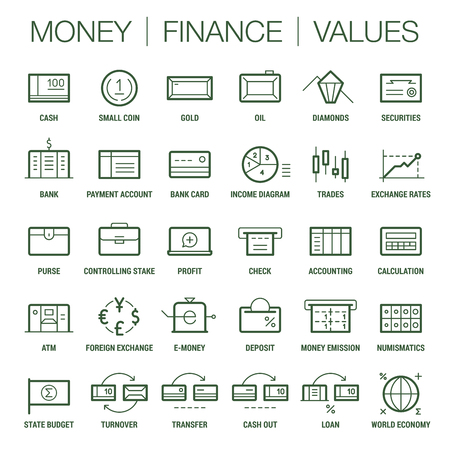 Icons set of money, finance and values area. Thick and thin lines. Colored on white.のイラスト素材