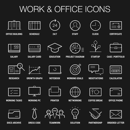 Icons set of working and office area. Thin and thick lines. White on black.のイラスト素材