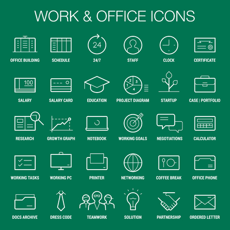 Icons set of working and office area. Thin and thick lines. White on green.のイラスト素材
