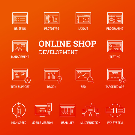 Online shop development. Icons set. Thin and thik lines. White on orange.の写真素材