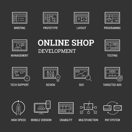 Online shop development. Icons set. Thin and thik lines. White on black.のイラスト素材