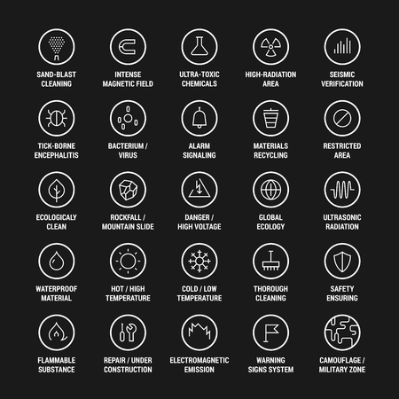 Safety. Ecology. Warning. Cleanliness. Icons set. Linear. White on black.のイラスト素材