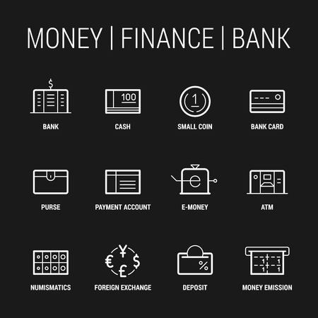Money. Finance. Bank. Icons set. Thin and thik lines. White on black.のイラスト素材