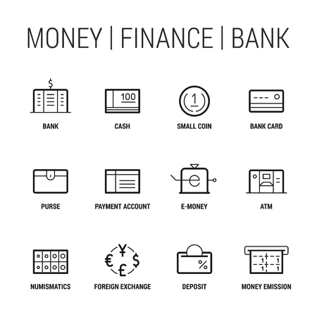 Money. Finance. Bank. Icons set. Thin and thik lines. Black on white.の写真素材