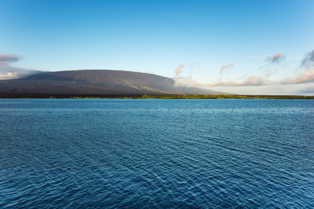 Fernandina shortly after sunrise. Some side craters of the shield volcano are visibleの写真素材