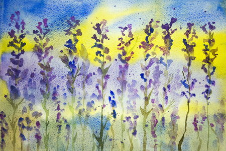 Lavender with blue and yellow background. The dabbing technique gives a soft focus effect due to the altered surface roughness of the paper.の写真素材