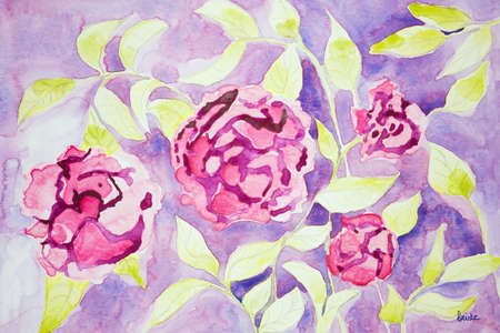 Rose fantasy flowers on a lilac background. The dabbing technique gives a soft focus effect due to the altered surface roughness of the paper.の写真素材