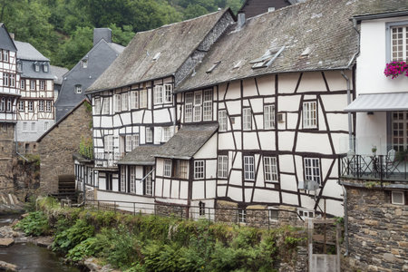 Half-timbered houses next to the Rur river in Monschau.のeditorial素材