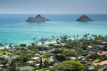 View of Kailua and the islands off the coast from the Lanikai Pillboxes Trailの写真素材