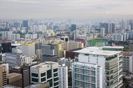 Editorial: SINGAPORE, April 1, 2017 - Aerial view of Singapore with heavy sky